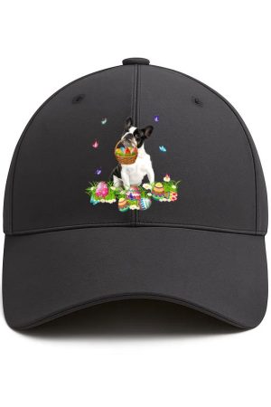 Boston Terrier Bunny Dog With Easter Eggs Basket Butterflies Cotton Baseball Hat