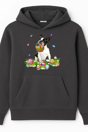 Boston Terrier Bunny Dog With Easter Eggs Basket Butterflies Hoodie