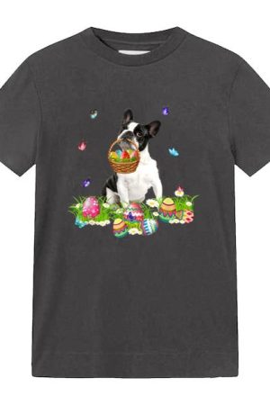 Boston Terrier Bunny Dog With Easter Eggs Basket Butterflies T-Shirt