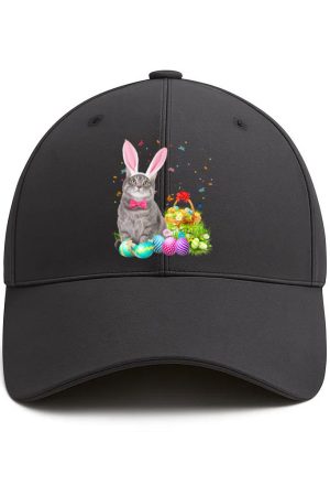Happy Easter Cute Bunny Cat Eggs Basket Men Women Funny Gift Cotton Baseball Hat
