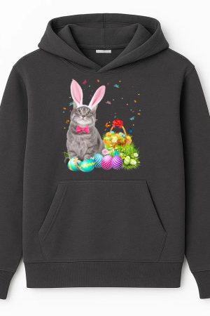Happy Easter Cute Bunny Cat Eggs Basket Men Women Funny Gift Hoodie