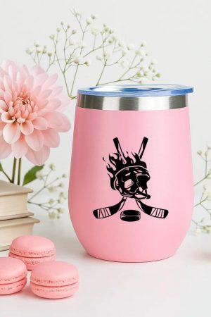 Hockey Helmet On Fire And Sticks Badge 12oz Tumbler