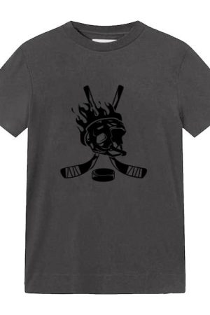 Hockey Helmet On Fire And Sticks Badge T-Shirt