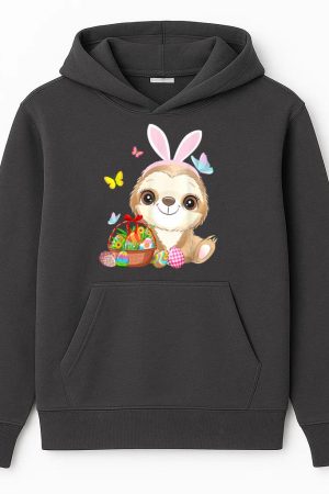 Sloth Bunny Ear With Eggs Basket Easter Hoodie