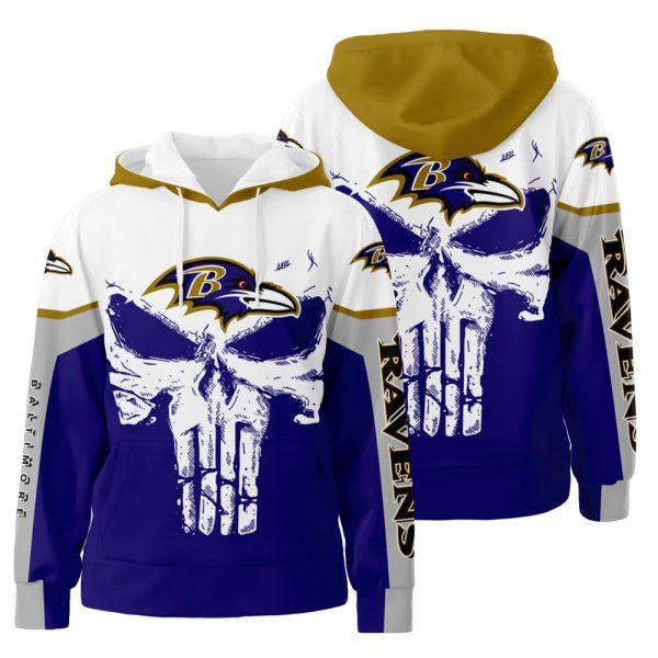 Baltimore Ravens White Skull 3D All Over Print Hoodie Zip-Up Hoodie Genxprint