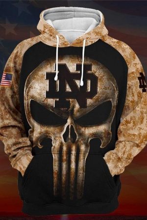 Camouflage Skull Notre Dame Fighting Irish American Flag Hoodie Genxprint