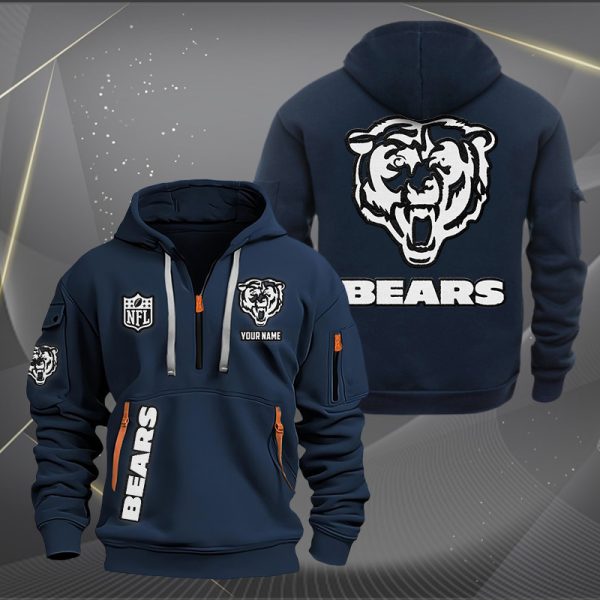 Chicago Bears White Logo NFL Quarter Zip Hoodie Genxprint - Image 2
