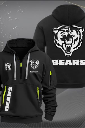 Chicago Bears White Logo NFL Quarter Zip Hoodie Genxprint