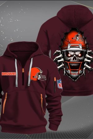 Cleveland Browns Football Player Skull Quarter Zip Hoodie Genxprint