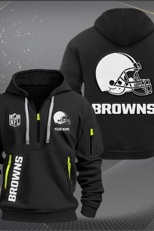Cleveland Browns White Logo NFL Quarter Zip Hoodie Genxprint