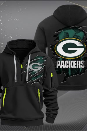 Green Bay Packers Scratch Logo NFL Quarter Zip Hoodie Style Genxprint