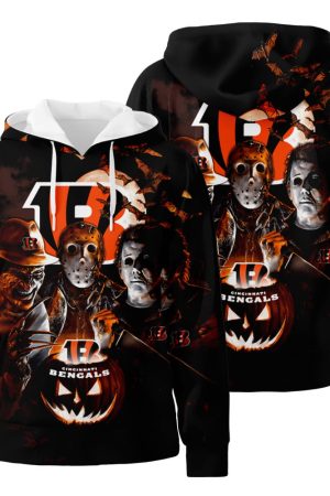Horror Cincinnati Bengals Jason Voorhees Freddy Krueger Michael Myers Halloween 3D All Over Print Hoodie Zip-Up Hoodie Genxprint