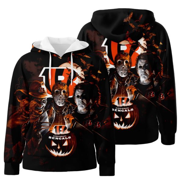 Horror Cincinnati Bengals Jason Voorhees Freddy Krueger Michael Myers Halloween 3D All Over Print Hoodie Zip-Up Hoodie Genxprint