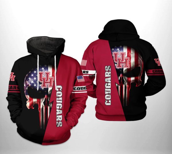 Houston Cougars NCAA US Flag Skull Hoodie Genxprint