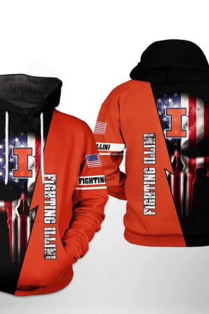 Illinois Fighting Illini NCAA US Flag Skull Hoodie Genxprint