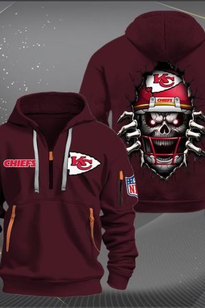 Kansas City Chiefs Football Player Skull Quarter Zip Hoodie Genxprint