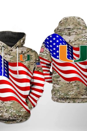 Miami Hurricanes NCAA US Flag Camo Veteran Hoodie Genxprint