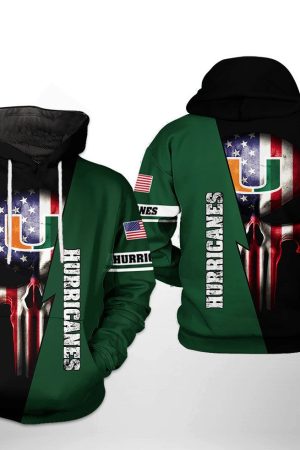 Miami Hurricanes NCAA US Flag Skull Hoodie Style Genxprint
