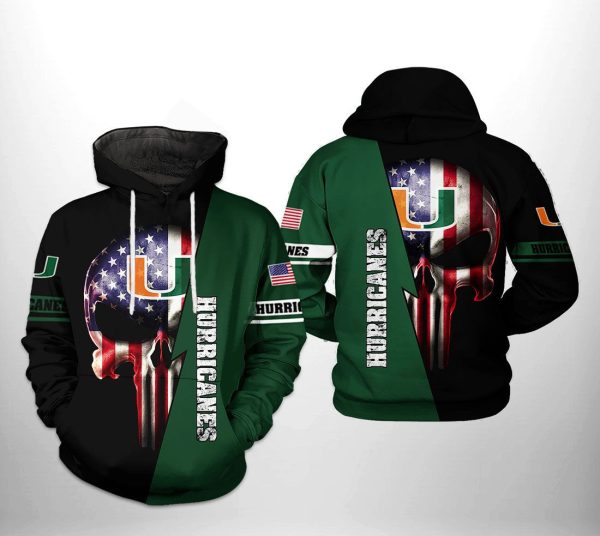 Miami Hurricanes NCAA US Flag Skull Hoodie Style Genxprint