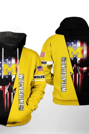 Michigan Wolverines NCAA US Flag Skull Hoodie Genxprint