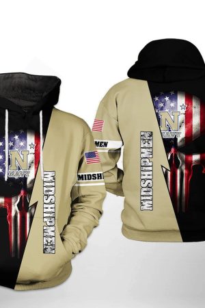 Navy Midshipmen NCAA US Flag Skull Hoodie Genxprint