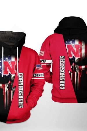 Nebraska Cornhuskers NCAA US Flag Skull Hoodie Genxprint