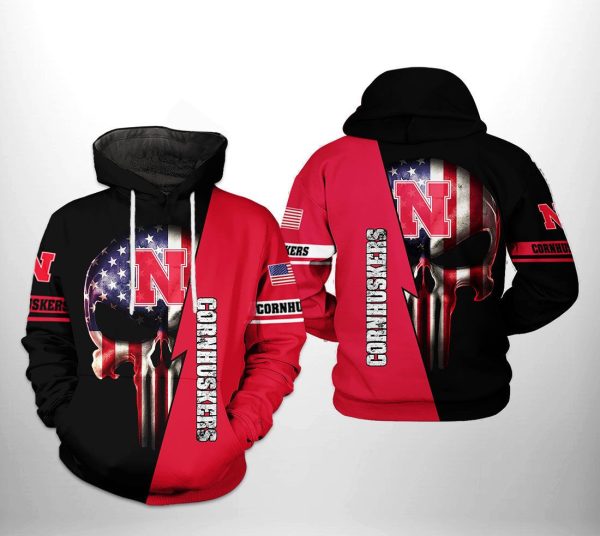 Nebraska Cornhuskers NCAA US Flag Skull Hoodie Genxprint