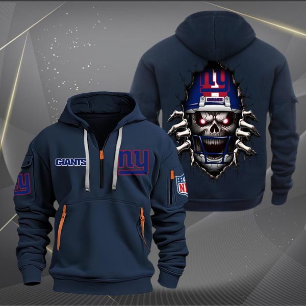 New York Giants Football Player Skull Quarter Zip Hoodie Genxprint - Image 3