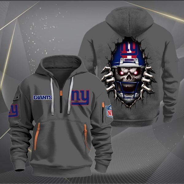 New York Giants Football Player Skull Quarter Zip Hoodie Genxprint - Image 4