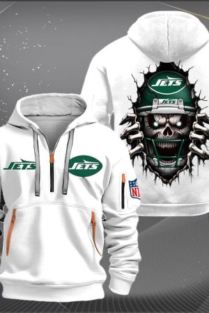 New York Jets Football Player Skull Quarter Zip Hoodie Genxprint