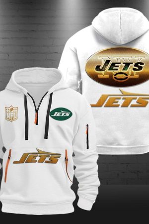 New York Jets Golden Logo NFL Quarter Zip Hoodie Genxprint