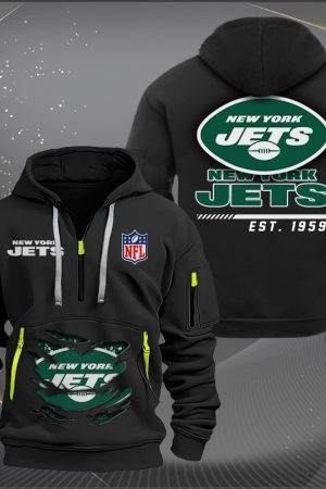 New York Jets Monster Scratch 2 Logo NFL Quarter Zip Hoodie Genxprint