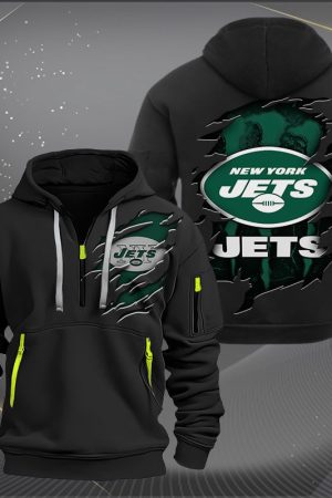 New York Jets Scratch Logo NFL Quarter Zip Hoodie Style Genxprint