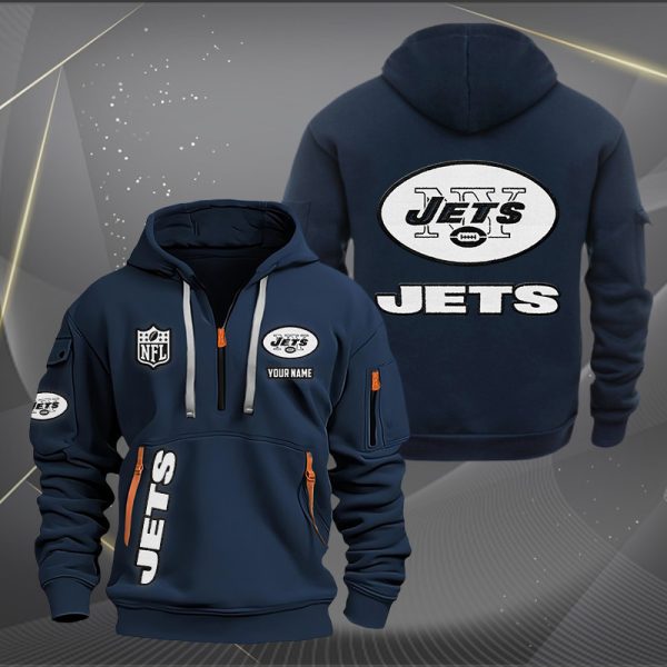 New York Jets White Logo NFL Quarter Zip Hoodie Genxprint - Image 2