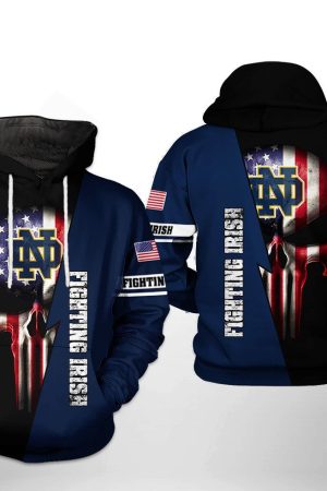 Notre Dame Fighting Irish NCAA US Flag Skull Hoodie Genxprint
