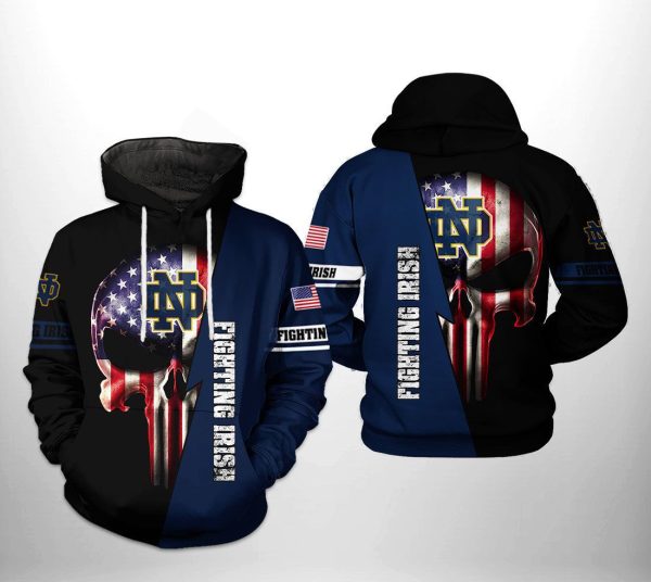 Notre Dame Fighting Irish NCAA US Flag Skull Hoodie Genxprint