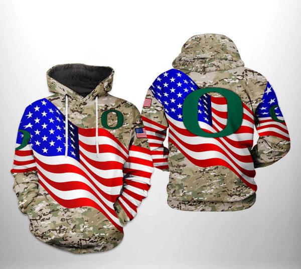 Oregon Ducks NCAA US Flag Camo Veteran Hoodie Genxprint