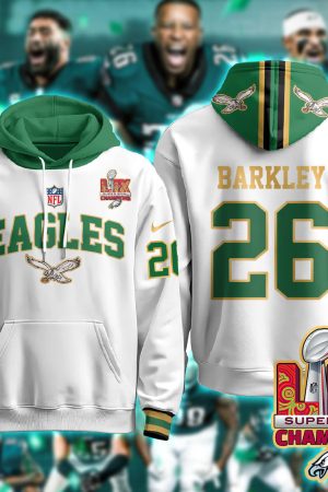 Philadelphia Eagles Barkley 26 Super Bowl LIX Champions Gold White Hoodie Genxprint