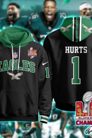 Philadelphia Eagles Hurts 1 Super Bowl LIX Champions Black Hoodie Genxprint