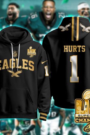 Philadelphia Eagles Hurts 1 Super Bowl LIX Champions Gold Black Gold Hoodie Genxprint