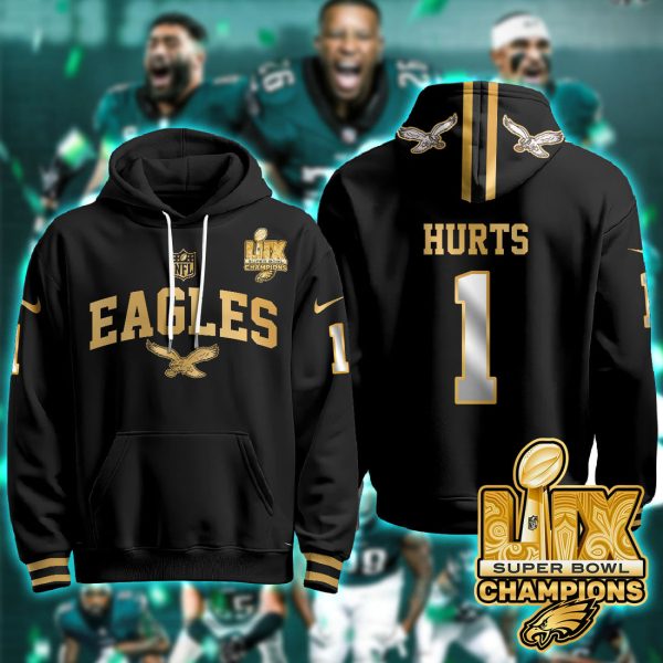 Philadelphia Eagles Hurts 1 Super Bowl LIX Champions Gold Black Gold Hoodie Genxprint