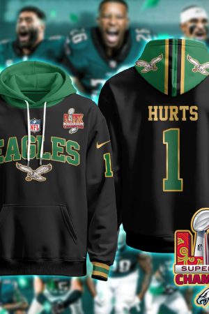 Philadelphia Eagles Hurts 1 Super Bowl LIX Champions Gold Black Hoodie Genxprint