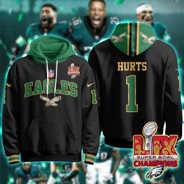 Philadelphia Eagles Hurts 1 Super Bowl LIX Champions Gold Black Hoodie Genxprint