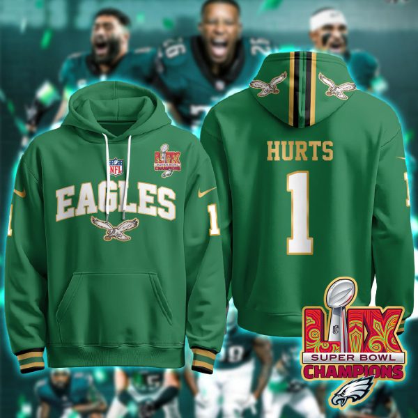 Philadelphia Eagles Hurts 1 Super Bowl LIX Champions Gold Green Hoodie Genxprint