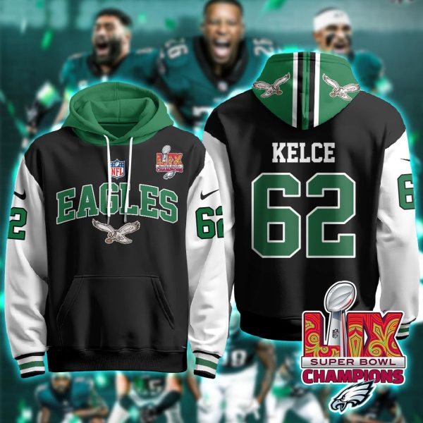 Philadelphia Eagles Kelce 62 Super Bowl LIX Champions Black Alternate Hoodie Genxprint
