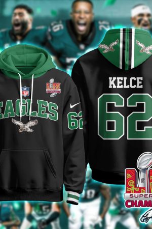 Philadelphia Eagles Kelce 62 Super Bowl LIX Champions Black Hoodie Genxprint