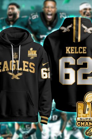 Philadelphia Eagles Kelce 62 Super Bowl LIX Champions Gold Black Gold Hoodie Genxprint