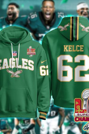 Philadelphia Eagles Kelce 62 Super Bowl LIX Champions Gold Green Hoodie Genxprint