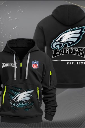 Philadelphia Eagles Monster Scratch 2 Logo NFL Quarter Zip Hoodie Genxprint