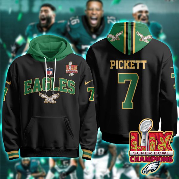 Philadelphia Eagles Pickett 7 Super Bowl LIX Champions Gold Black Hoodie Genxprint